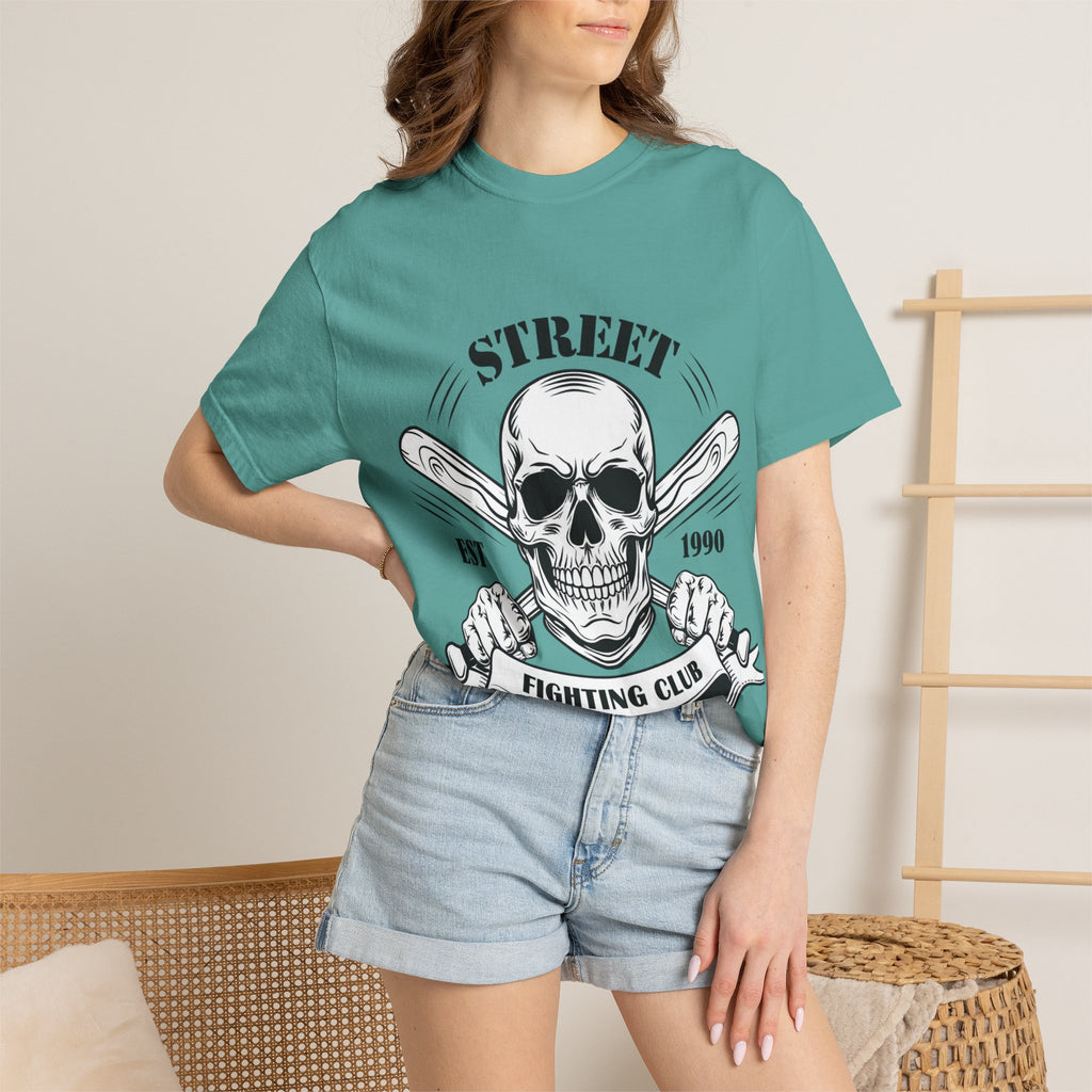 Street Fighting Club Skull T-Shirt — Vintage Skull & Crossed Baseball Bats Design