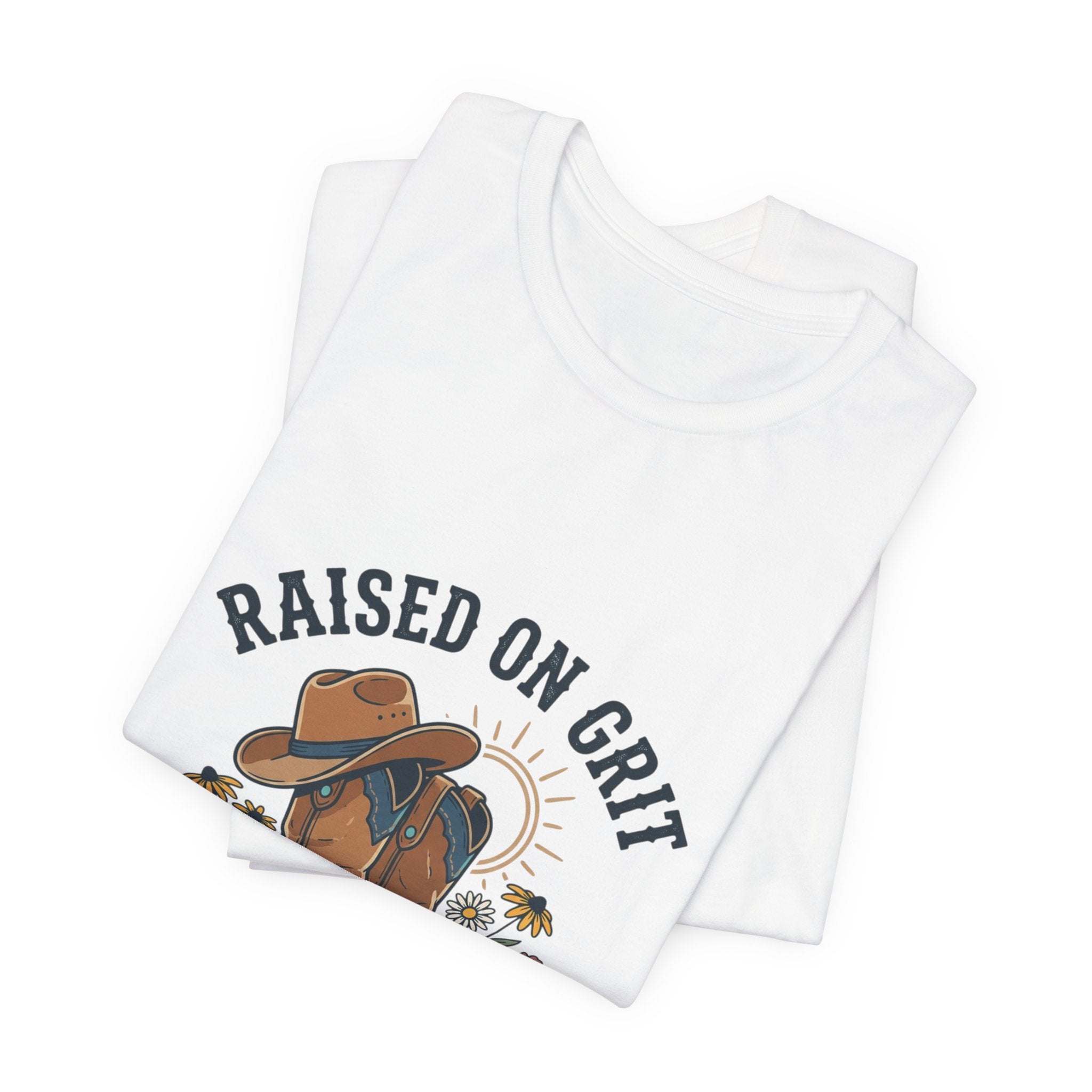 Raised on Grit Cowboy Boots Hat Graphic Tee | western rustic cowgirl prairie vintage