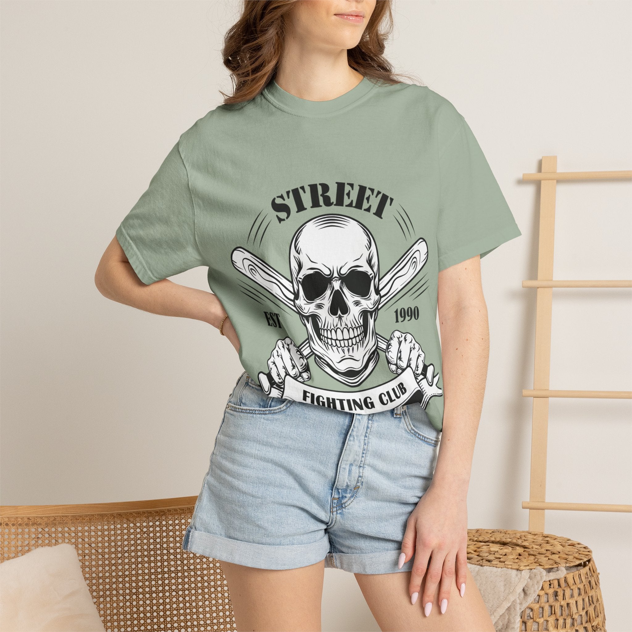 Street Fighting Club Skull T-Shirt — Vintage Skull & Crossed Baseball Bats Design