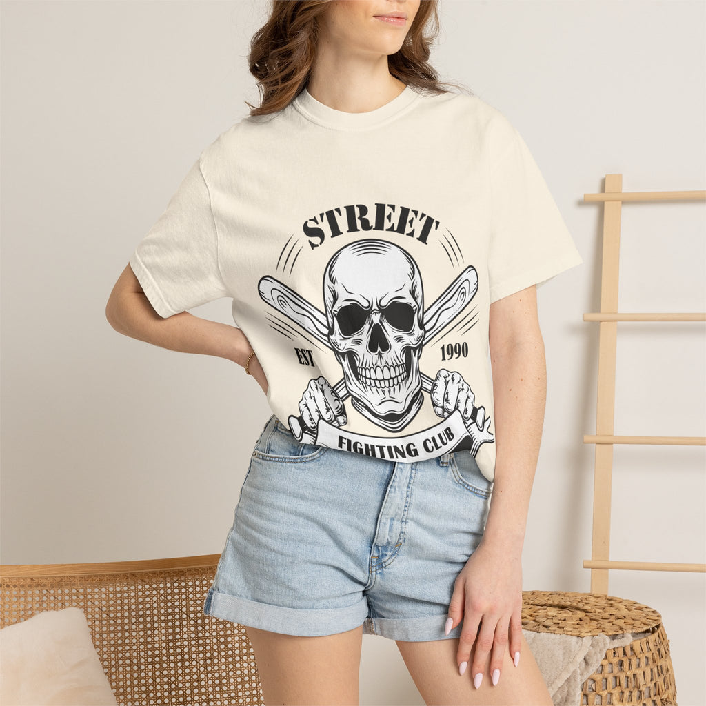 Street Fighting Club Skull T-Shirt — Vintage Skull & Crossed Baseball Bats Design