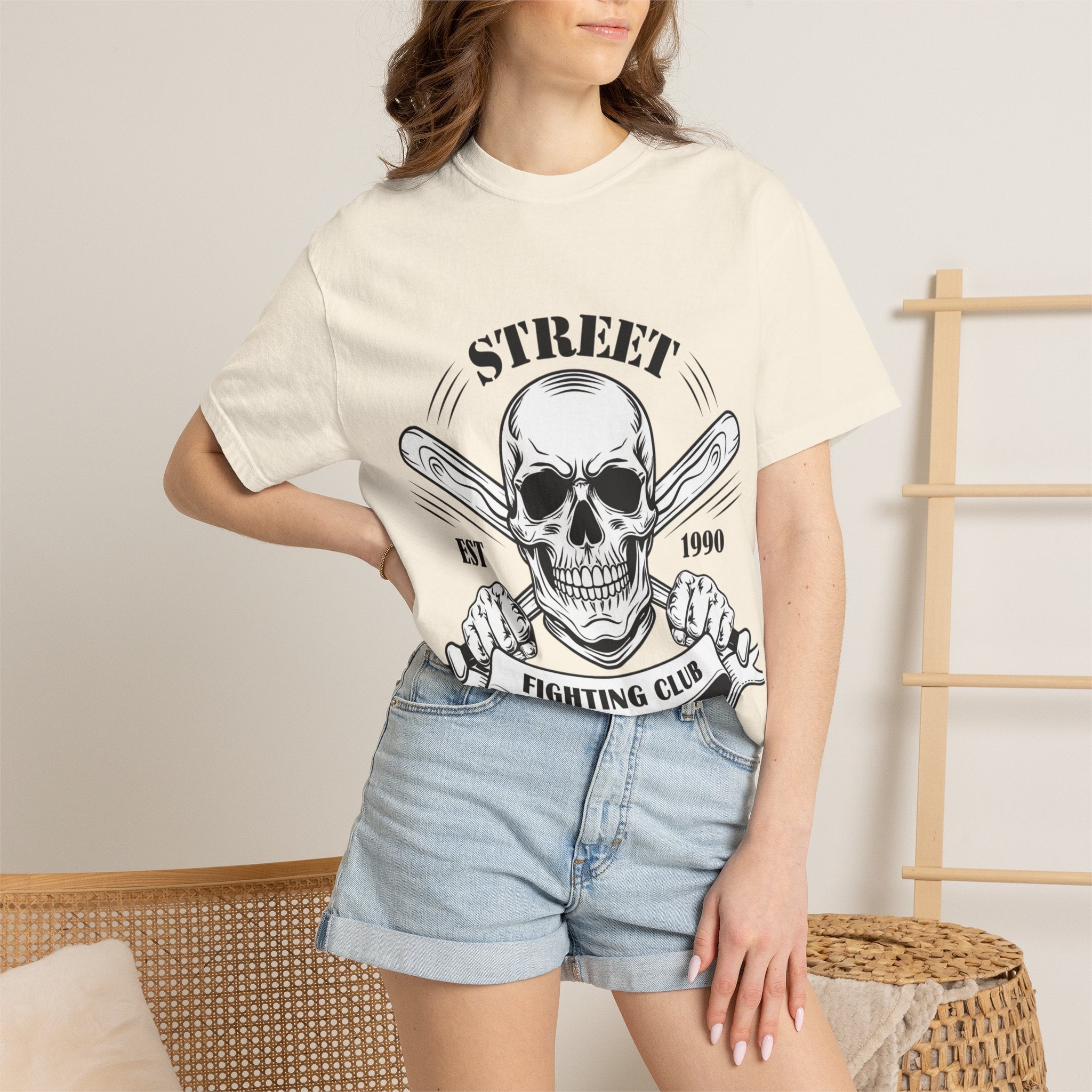 Street Fighting Club Skull T-Shirt — Vintage Skull & Crossed Baseball Bats Design