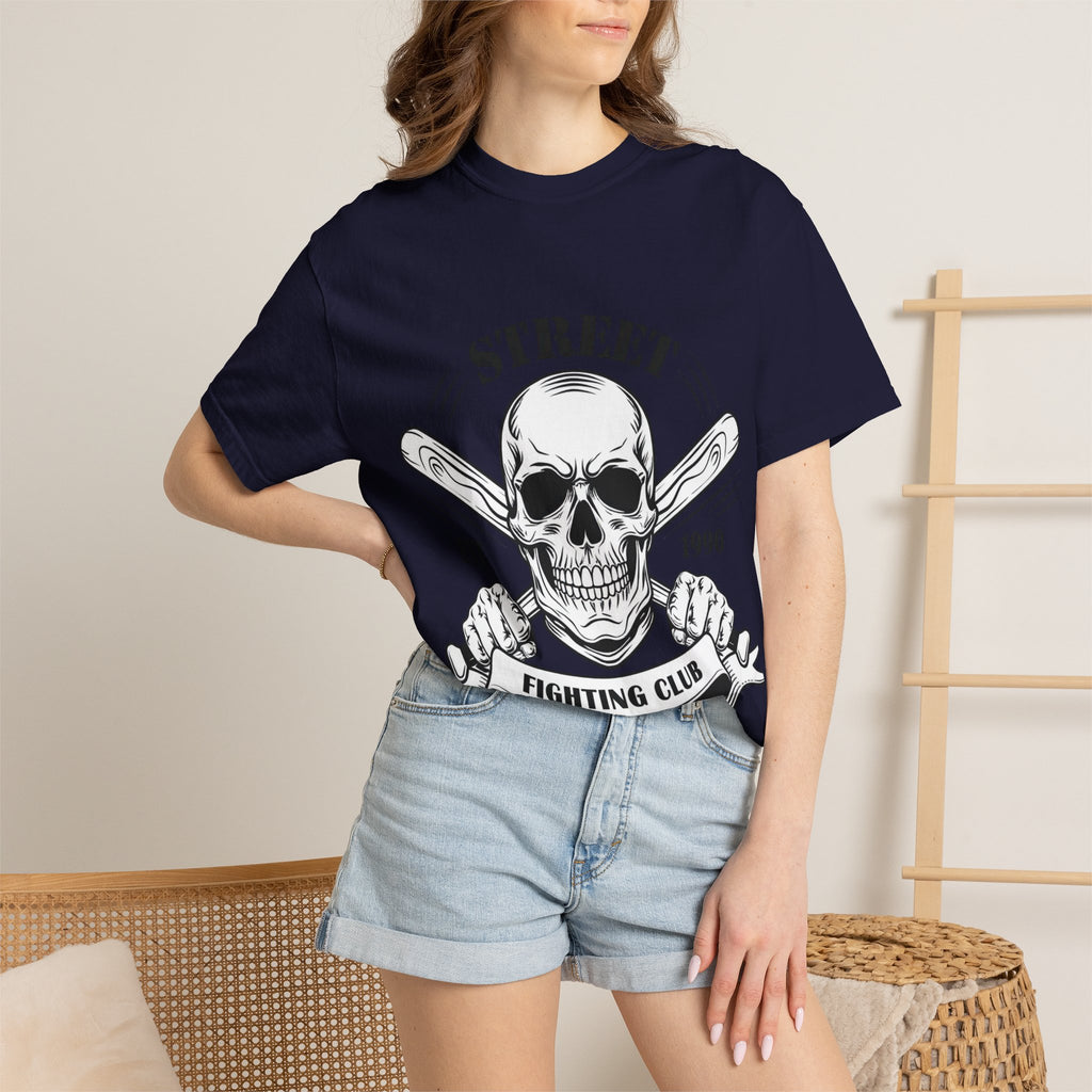 Street Fighting Club Skull T-Shirt — Vintage Skull & Crossed Baseball Bats Design