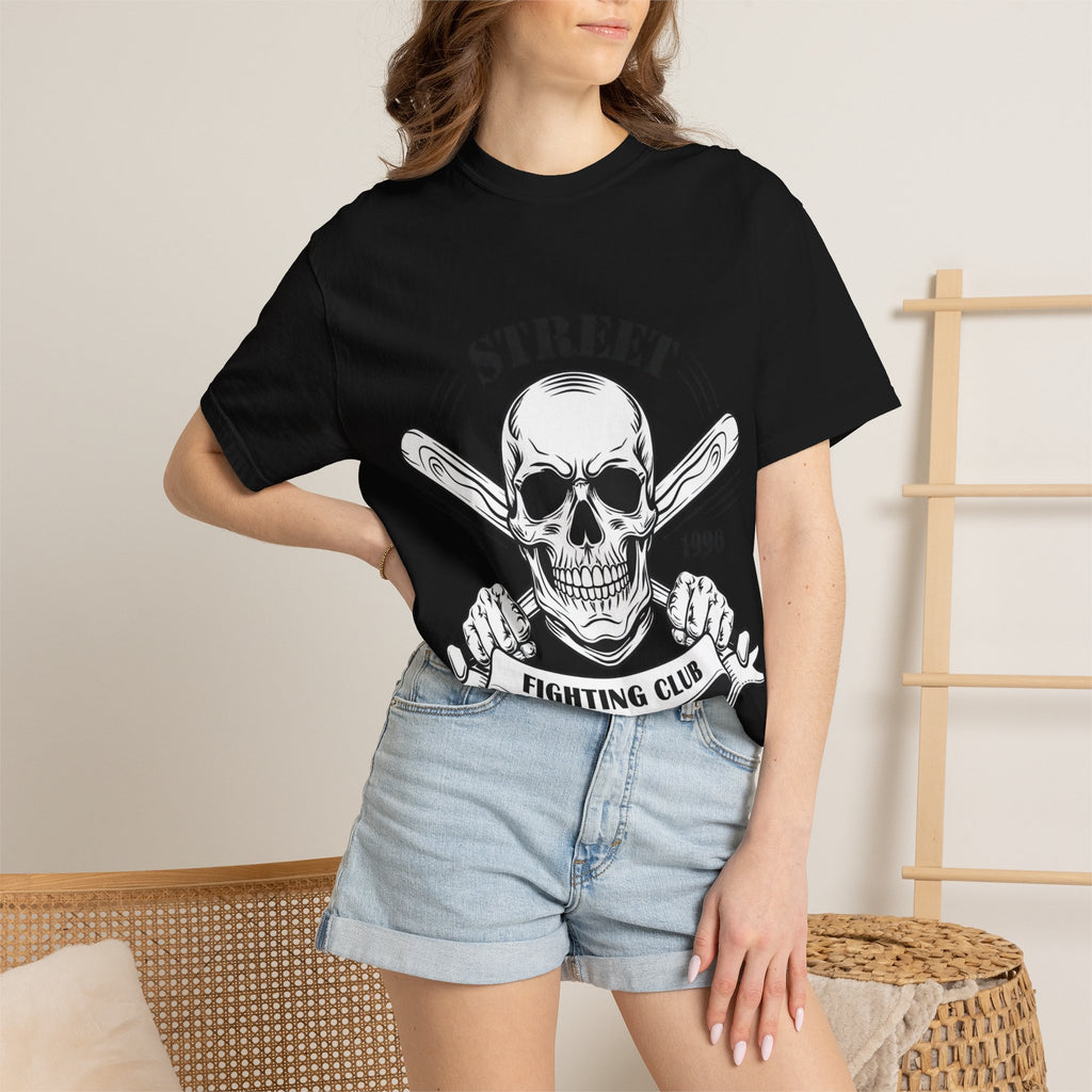 Street Fighting Club Skull T-Shirt — Vintage Skull & Crossed Baseball Bats Design