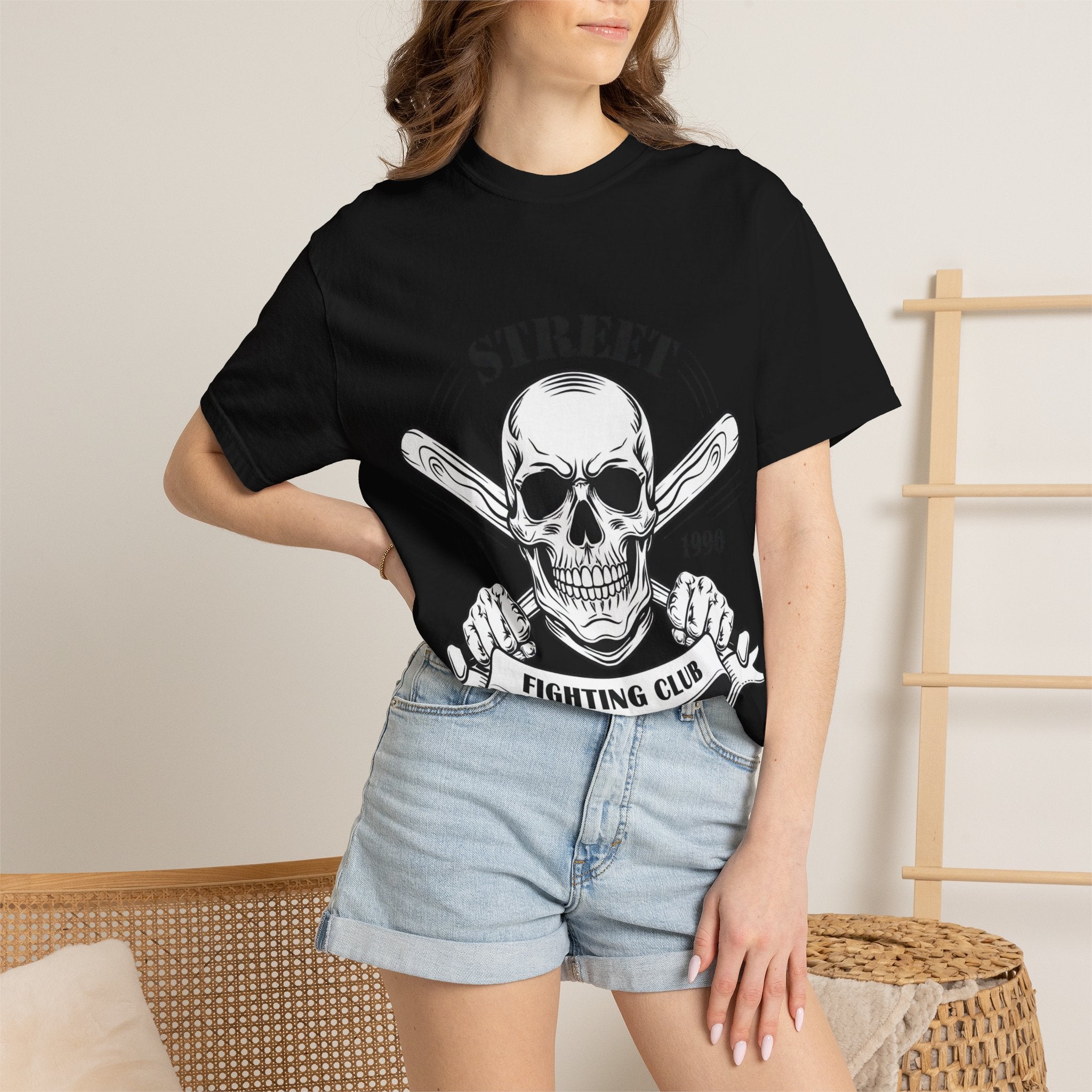 Street Fighting Club Skull T-Shirt — Vintage Skull & Crossed Baseball Bats Design