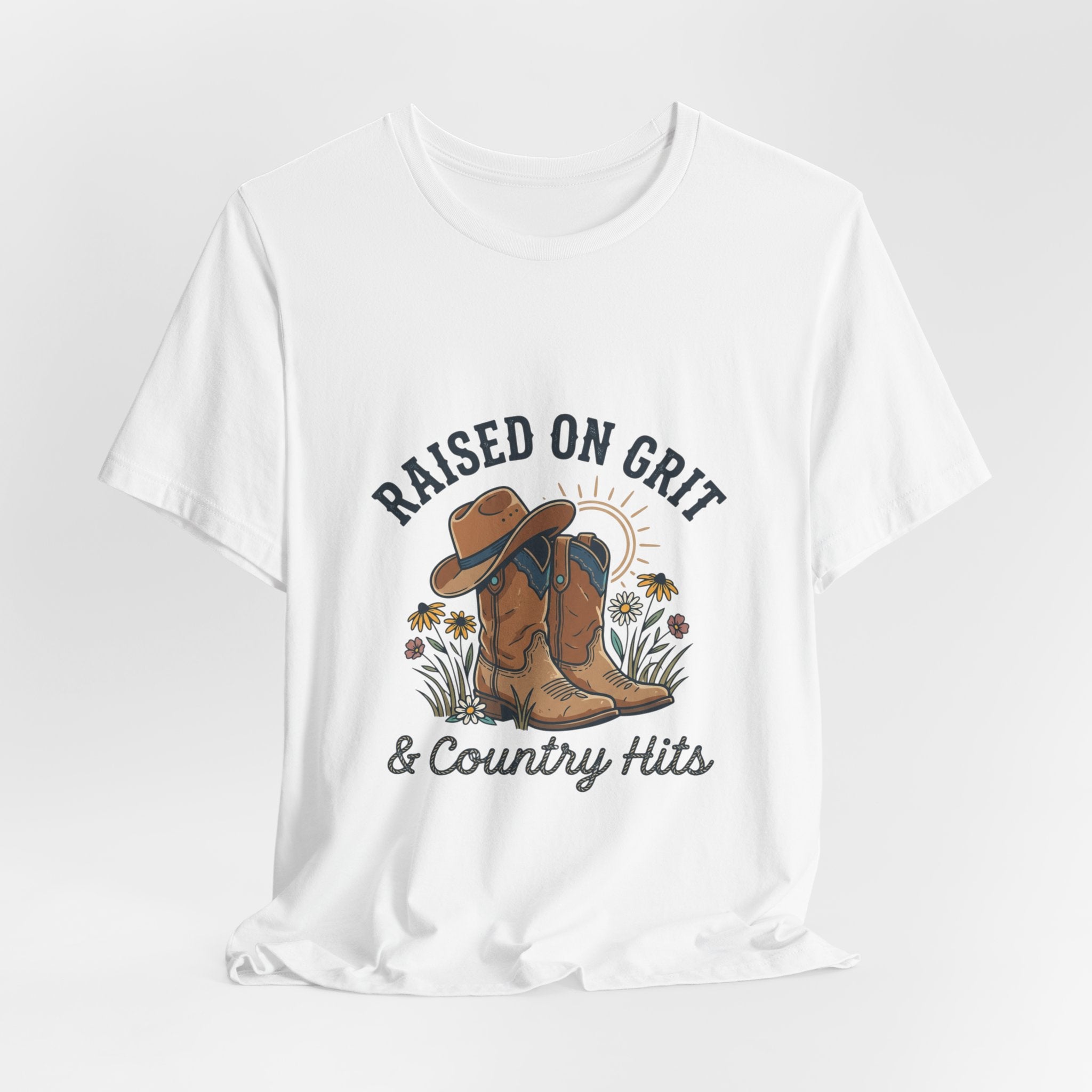 Raised on Grit Cowboy Boots Hat Graphic Tee | western rustic cowgirl prairie vintage
