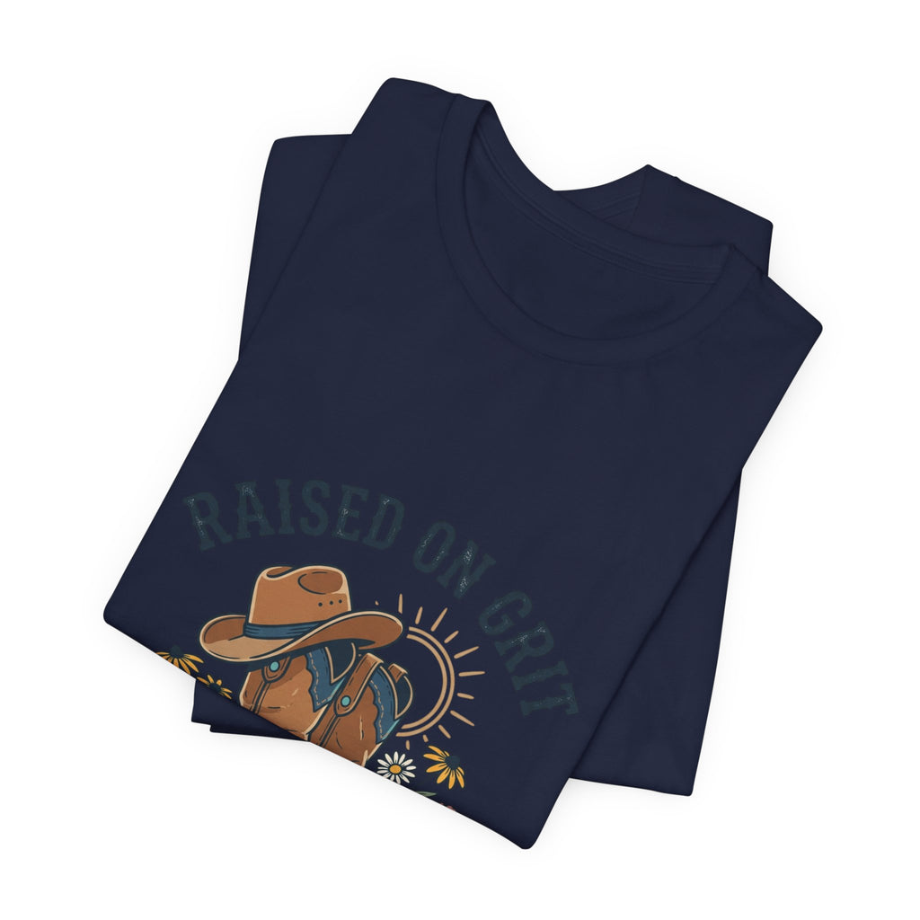 Raised on Grit Cowboy Boots Hat Graphic Tee | western rustic cowgirl prairie vintage