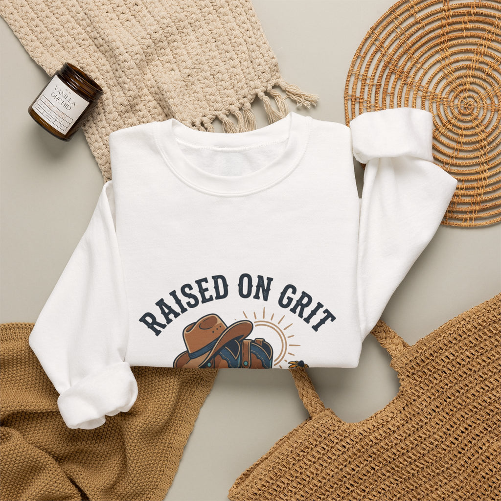 Raised on Grit & Country Hits Sweatshirt | western ranch rustic prairie