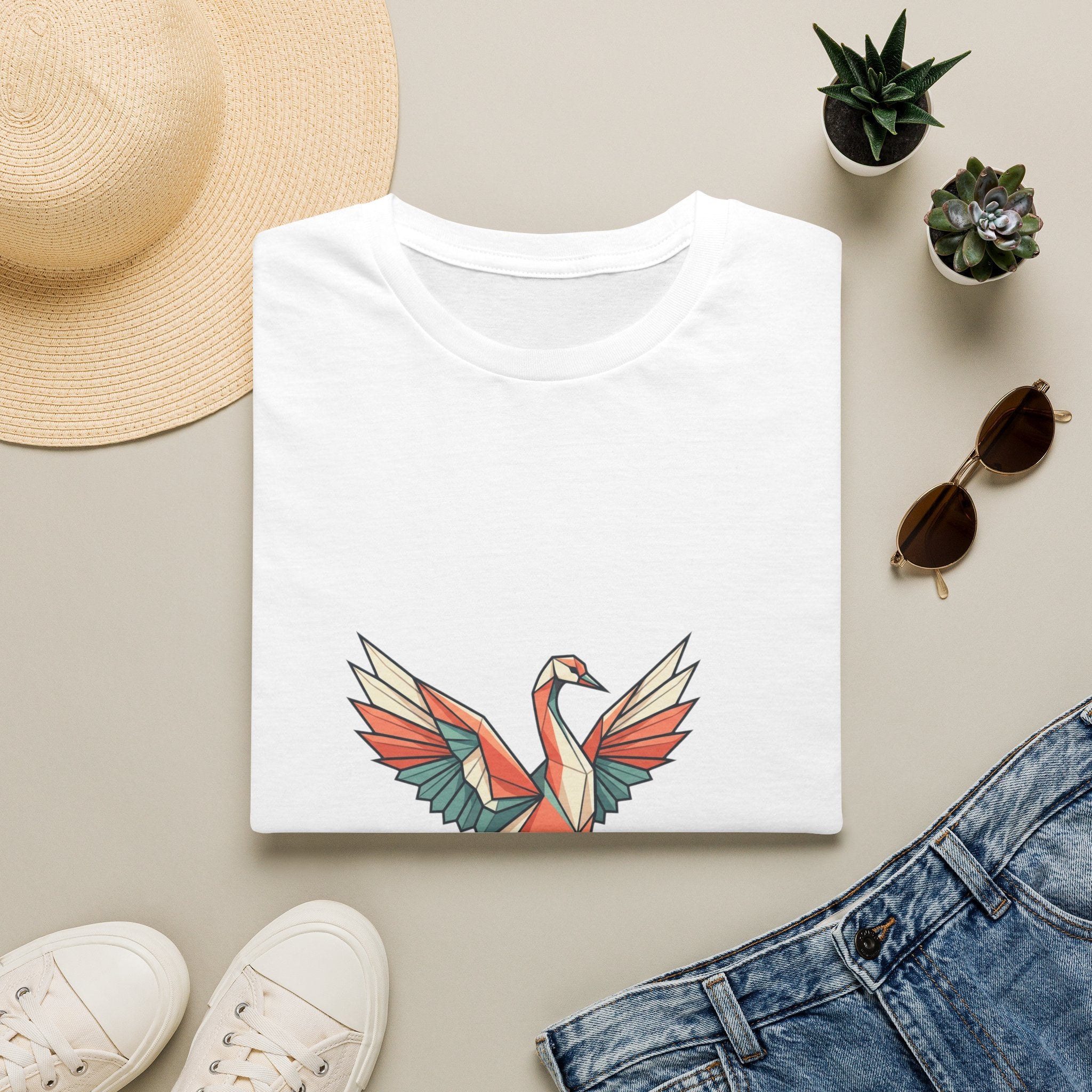 Geometric Origami Crane T-Shirt — Colorful Bird Graphic Tee