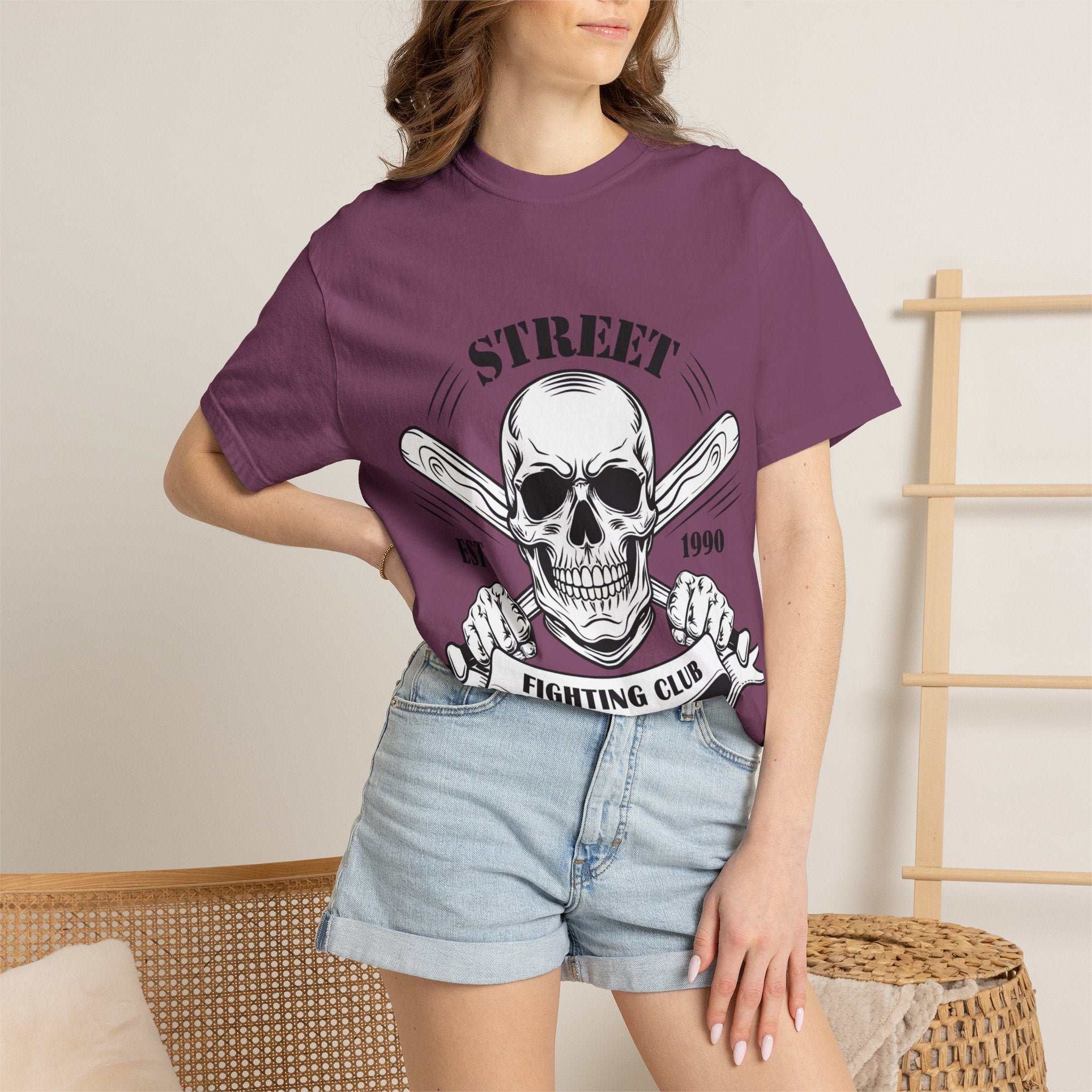 Street Fighting Club Skull T-Shirt — Vintage Skull & Crossed Baseball Bats Design