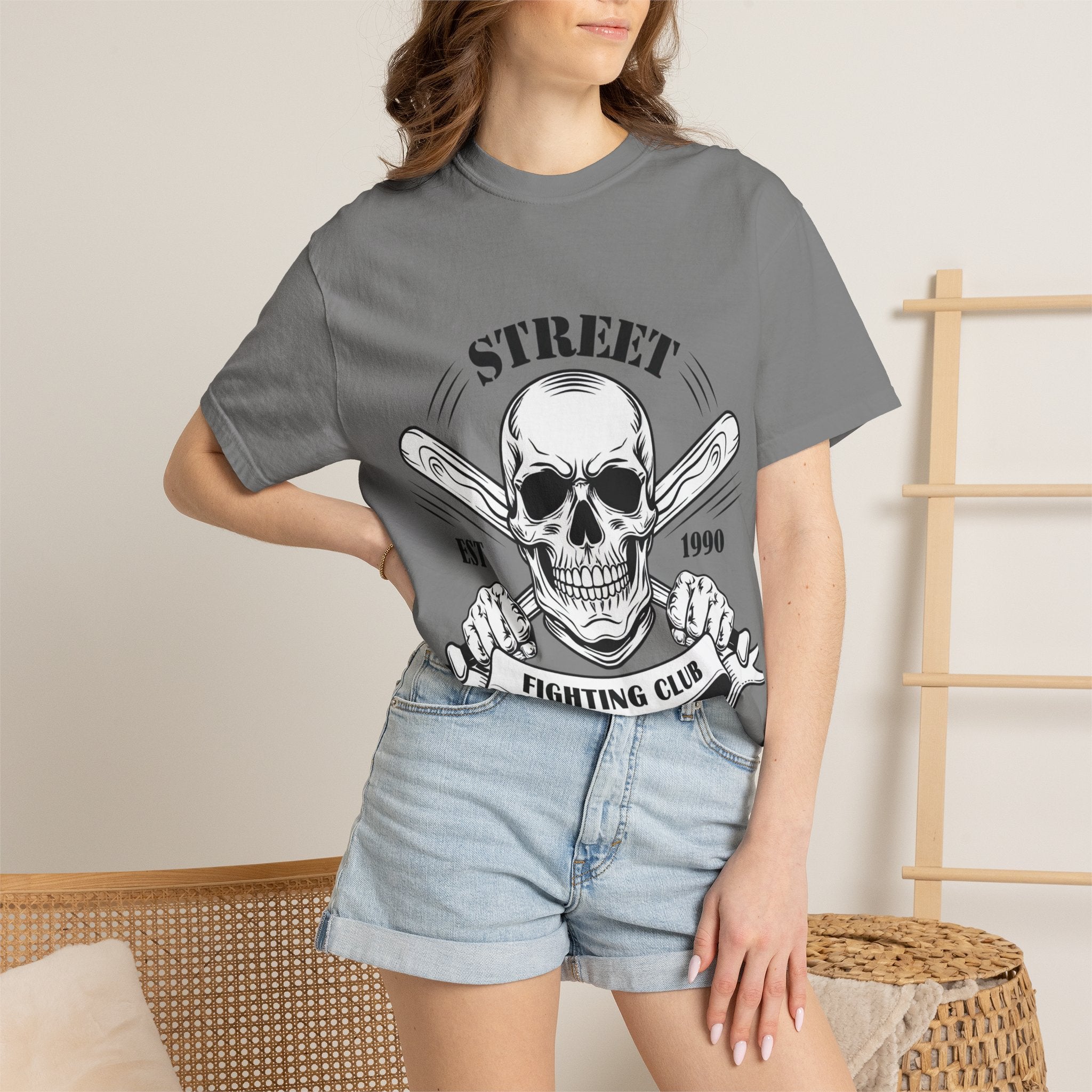 Street Fighting Club Skull T-Shirt — Vintage Skull & Crossed Baseball Bats Design