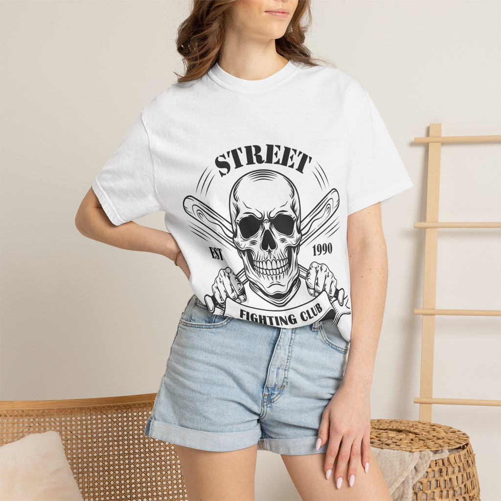 Street Fighting Club Skull T-Shirt — Vintage Skull & Crossed Baseball Bats Design
