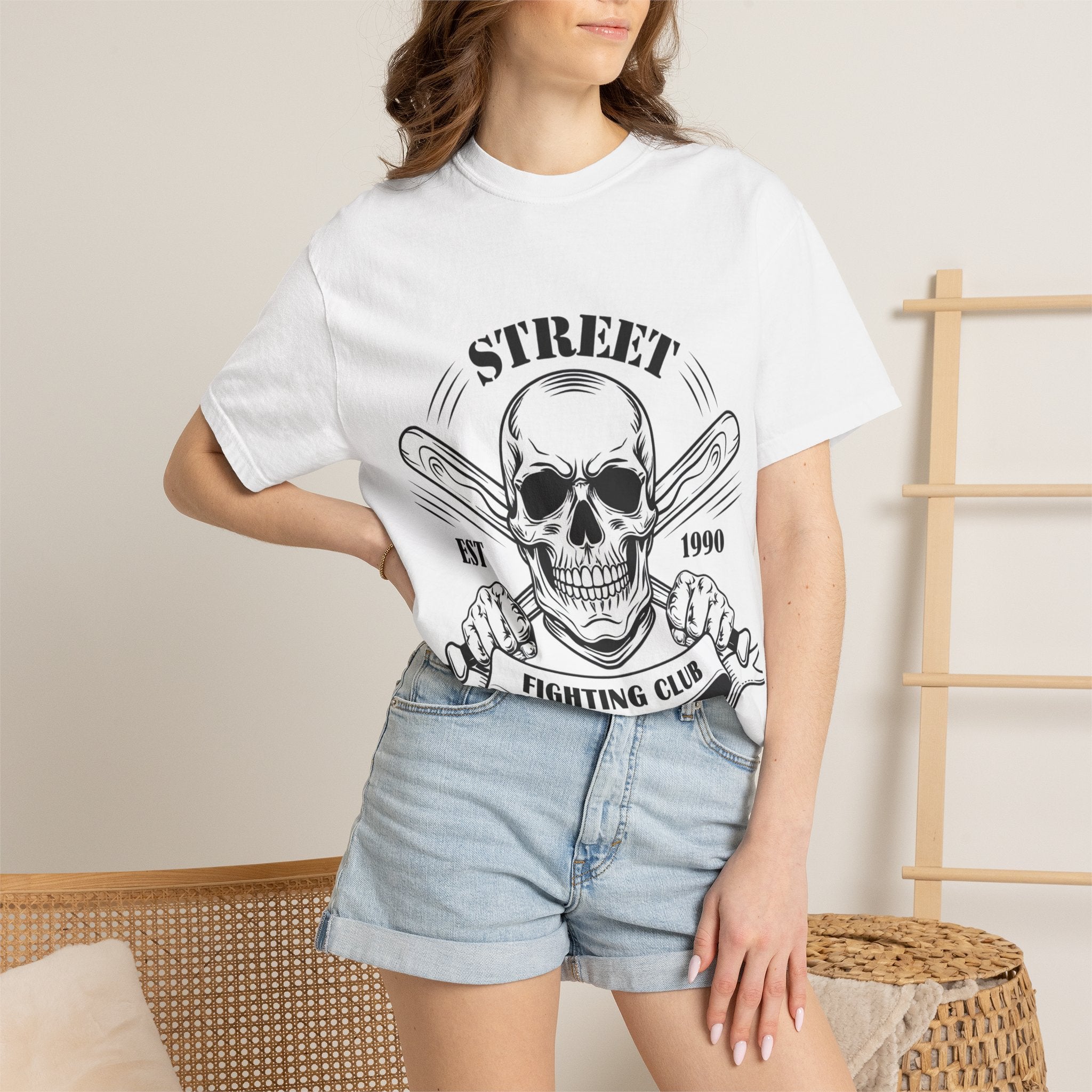 Street Fighting Club Skull T-Shirt — Vintage Skull & Crossed Baseball Bats Design