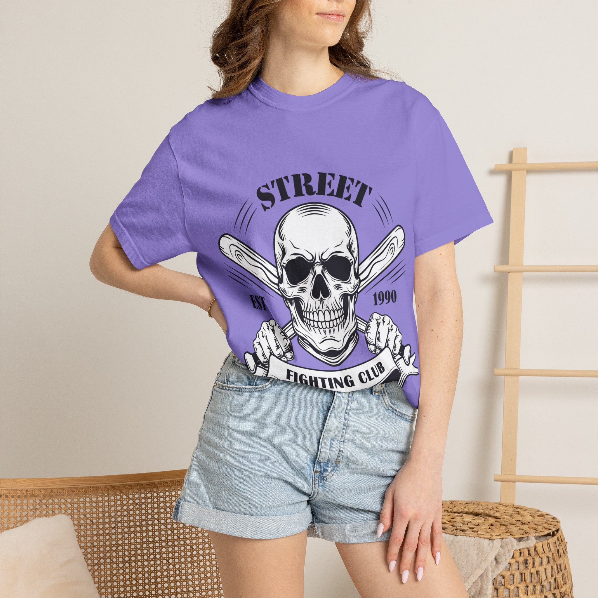 Street Fighting Club Skull T-Shirt — Vintage Skull & Crossed Baseball Bats Design
