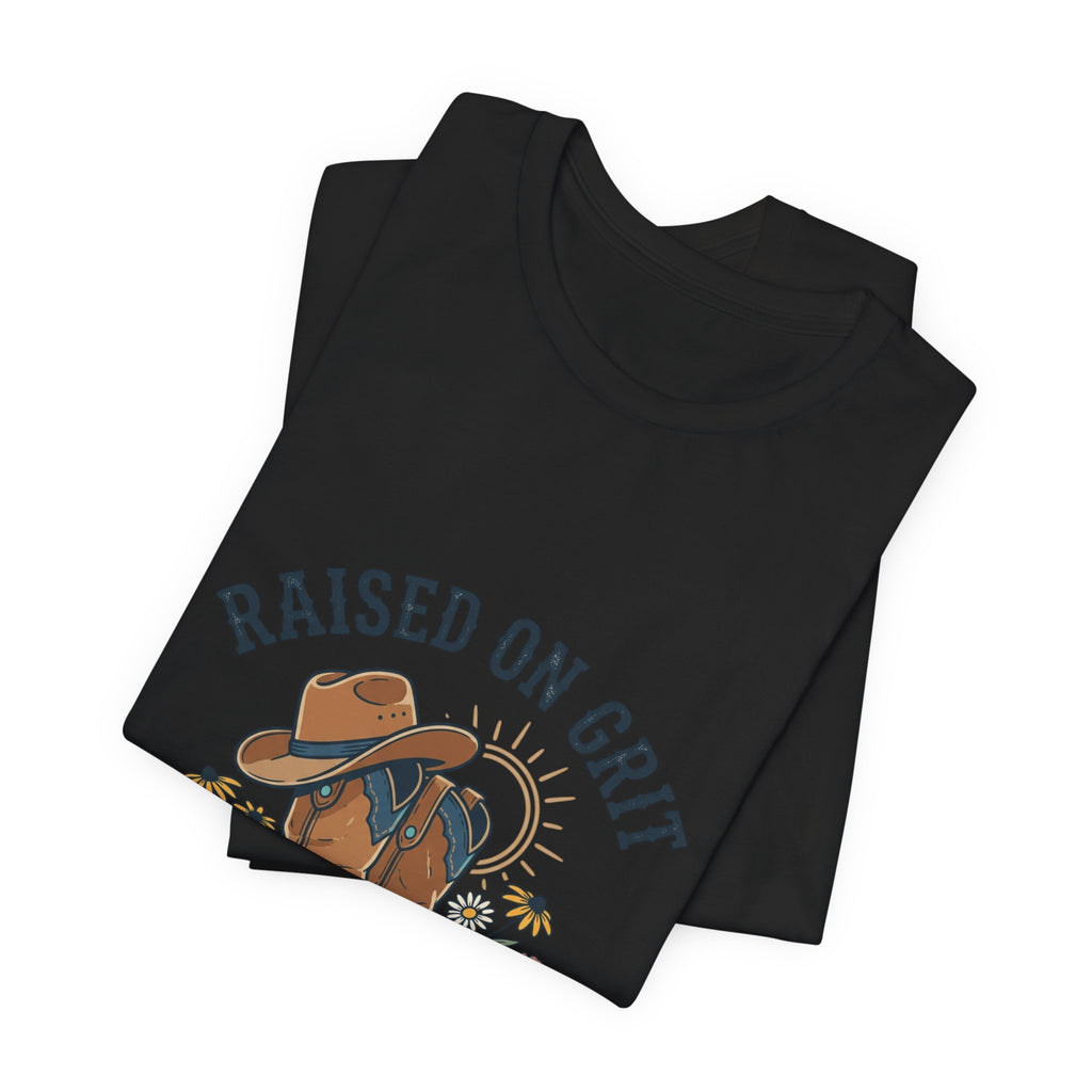 Raised on Grit Cowboy Boots Hat Graphic Tee | western rustic cowgirl prairie vintage