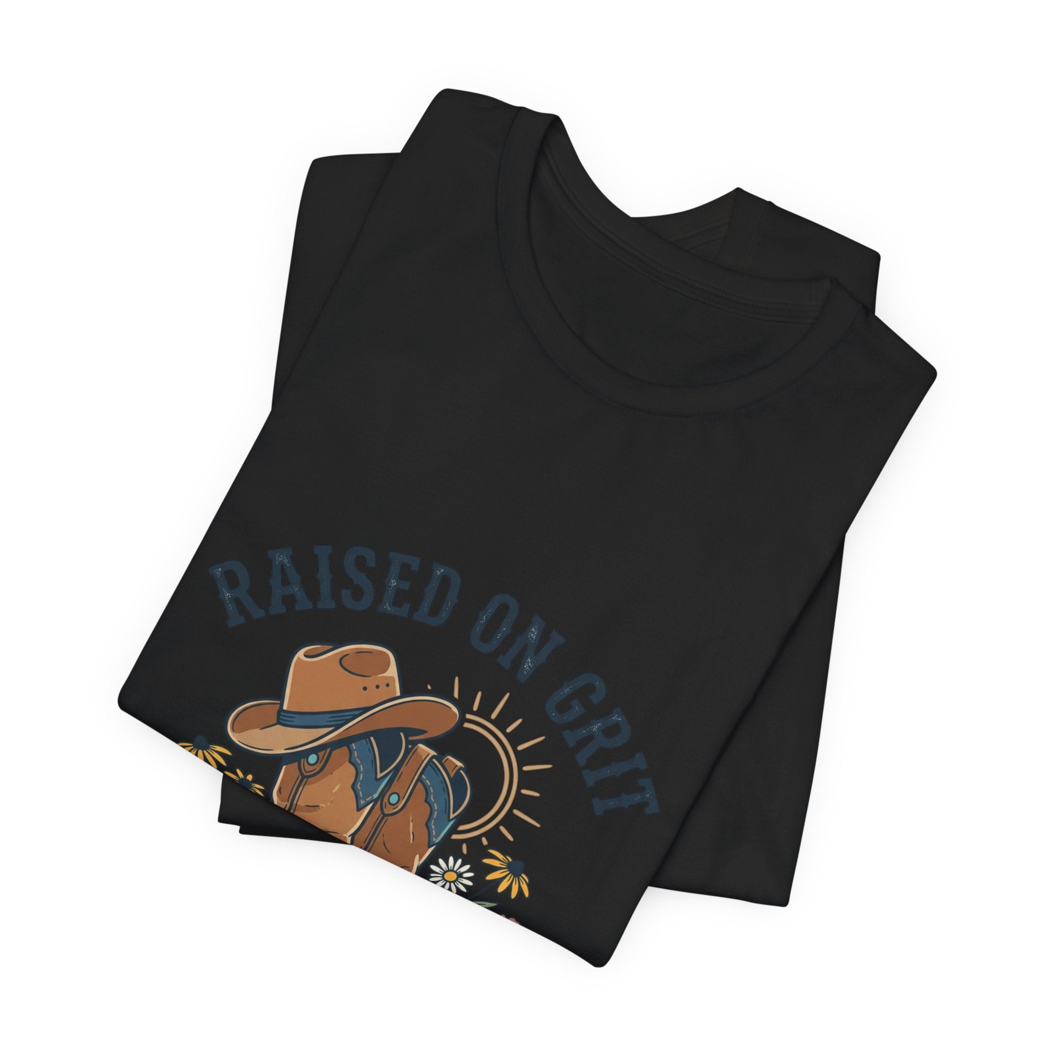Raised on Grit Cowboy Boots Hat Graphic Tee | western rustic cowgirl prairie vintage