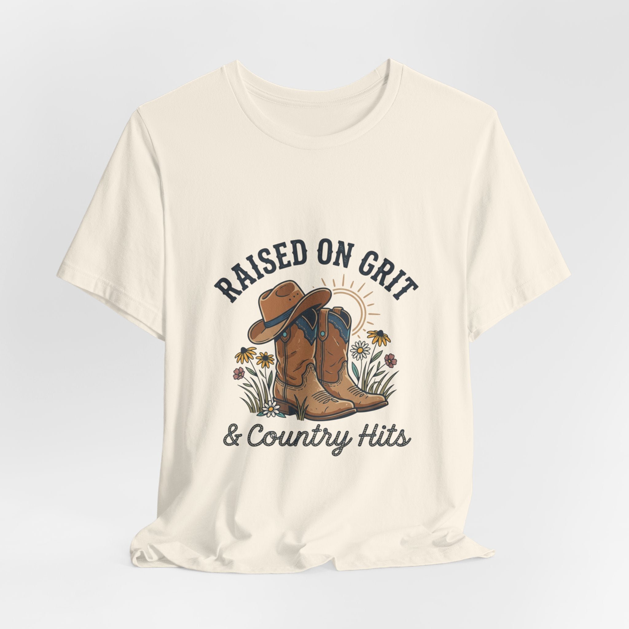 Raised on Grit Cowboy Boots Hat Graphic Tee | western rustic cowgirl prairie vintage