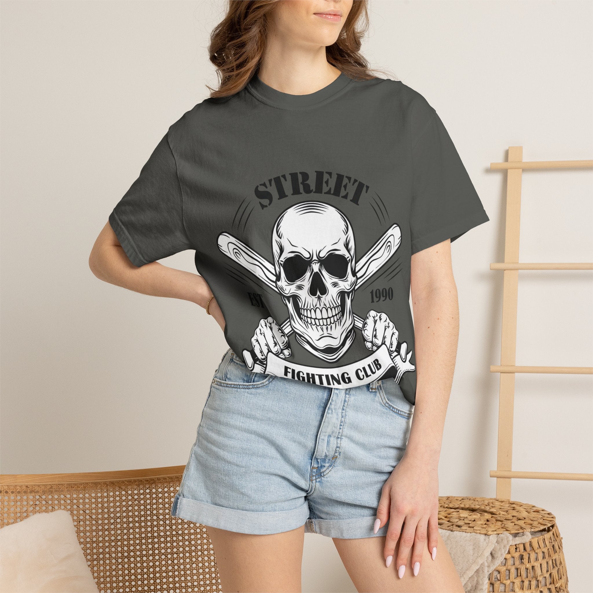 Street Fighting Club Skull T-Shirt — Vintage Skull & Crossed Baseball Bats Design