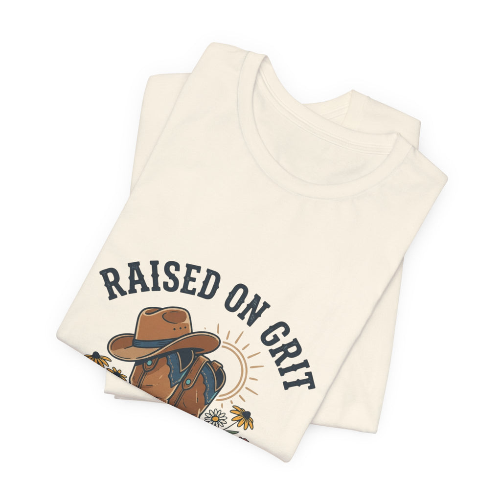 Raised on Grit Cowboy Boots Hat Graphic Tee | western rustic cowgirl prairie vintage